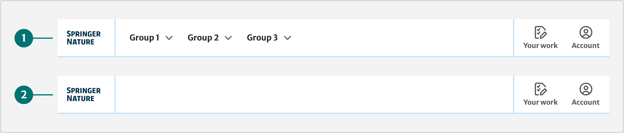 2 versions of the header indicated by numbers 1 and 2. 1 shows the header with main navigation included. 2 shows it without the main navigation