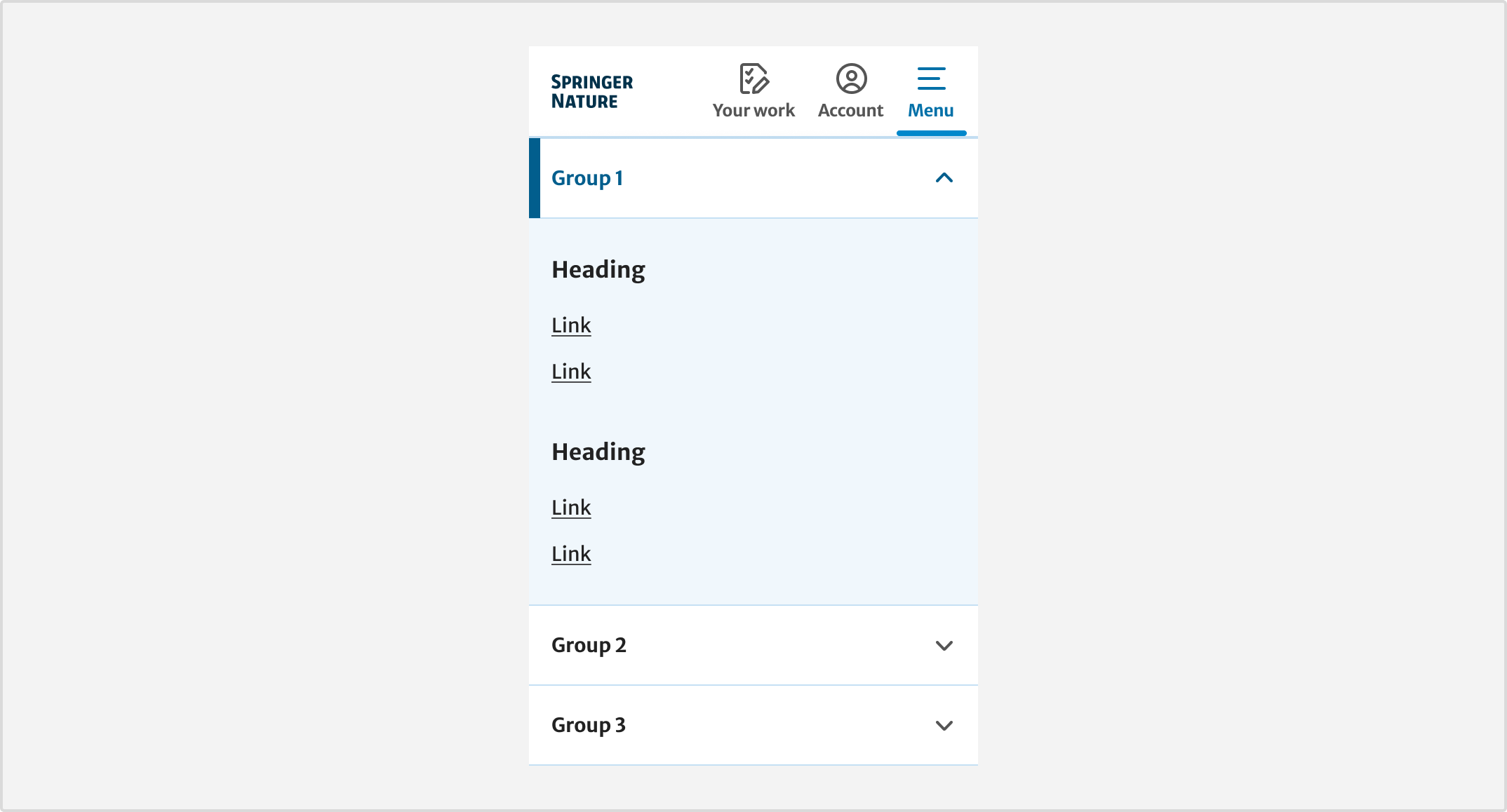 Header on a smaller viewport. Main navigation is replaced by a menu button to the right of the account button. Groups show as an accordion