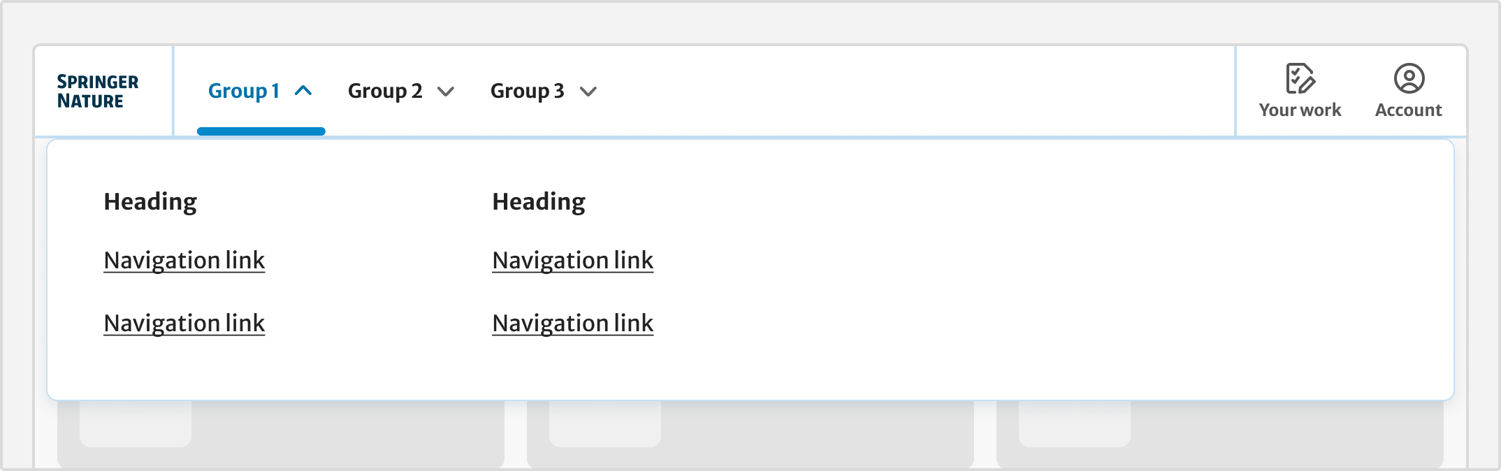 Header with the first dropdown menu active on a larger viewport. Group 1 is highlighted in blue and an overlay window is open under the header. This window contains 2 columns with headings and links listed under these headings