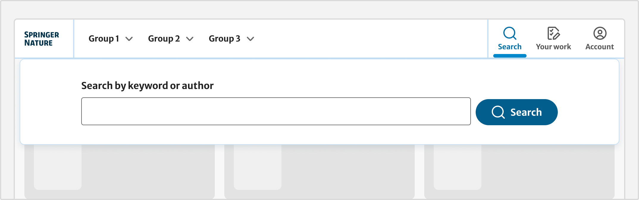 Header with search included. Search button and icon are on the right and active. An overlay appears below the header. This contains a search input field and button