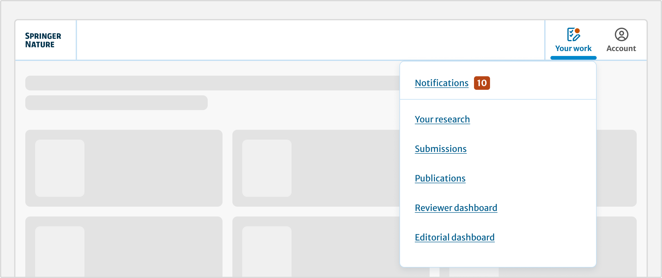 Header with the your work menu active. An overlay window appears under the header. This contains a link to notifications with a red badge to the right of it showing how many unread messages there are. Further links are then listed