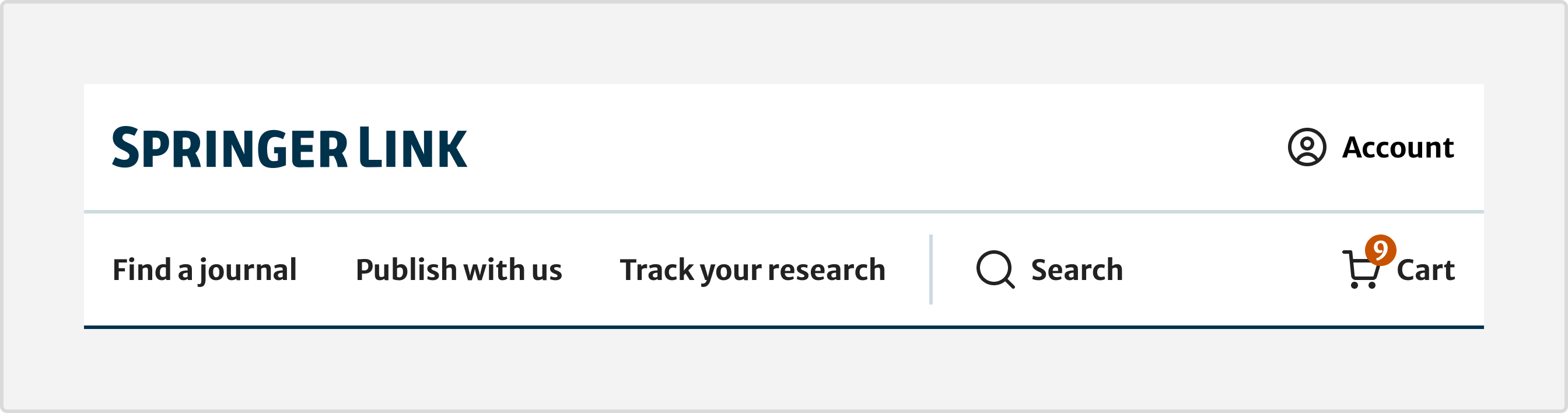 An example of the header with the top row displaying the Springer Nature logo and the account link on the right. On the bottom row three placeholder navigation links are displayed on the left, followed by the search button. On the right is the cart link with a modifier to show the number of items in the cart.