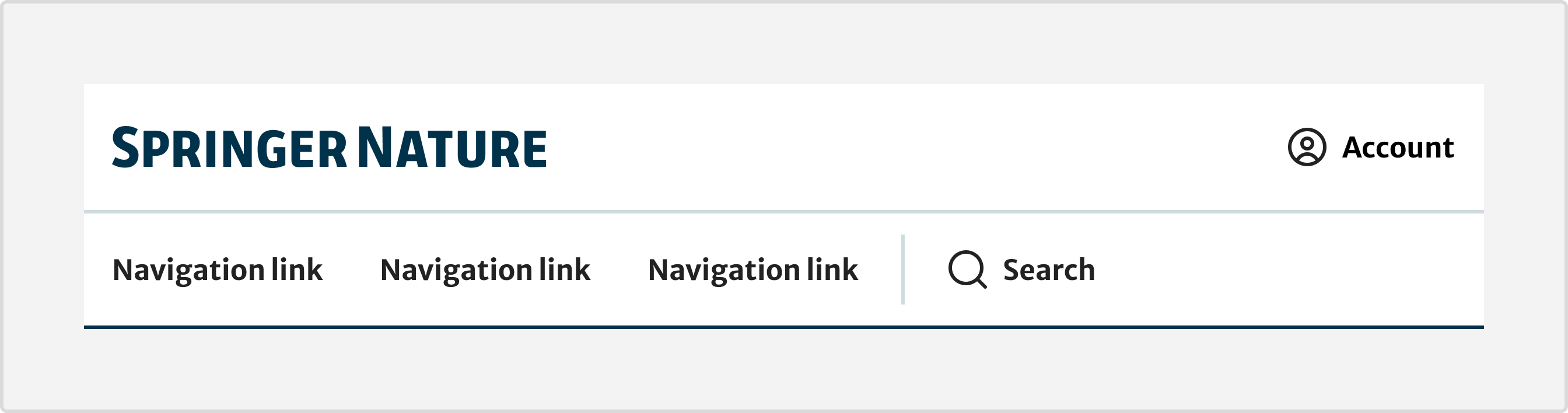 An example of the header with the top row displaying a placeholder logo and the Account link on the right. On the bottom row three placeholder navigation links are displayed on the left followed by the search button.