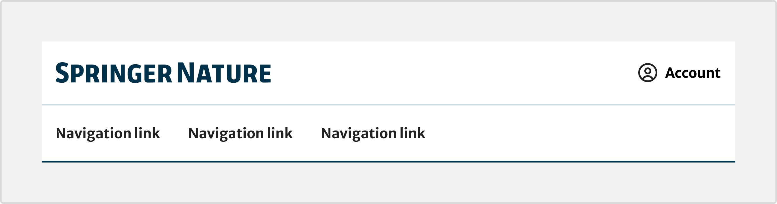 An example of the header with the top row displaying a placeholder logo and the Account link on the right. On the bottom row three placeholder navigation links are displayed on the left.