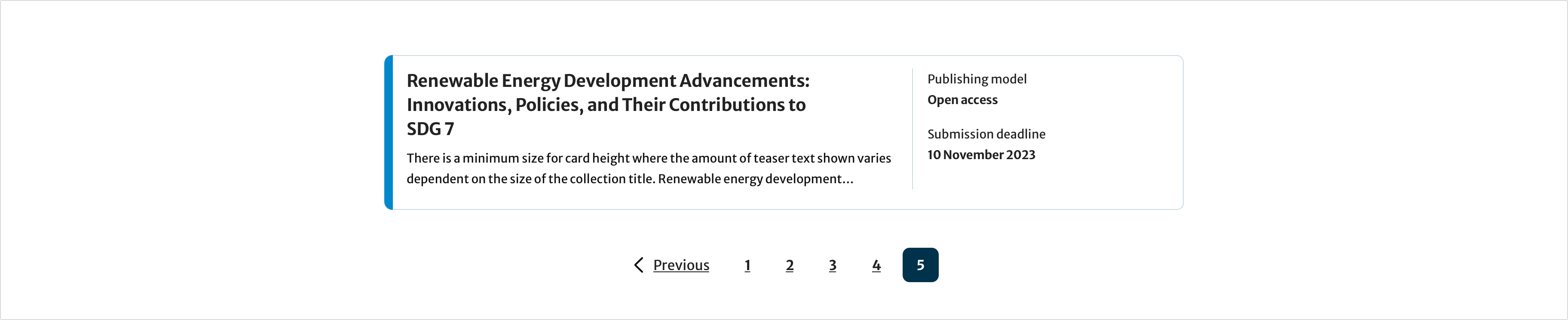 An example of Pagination component with the current page being the last page of five. A previous link is provided, but not a next