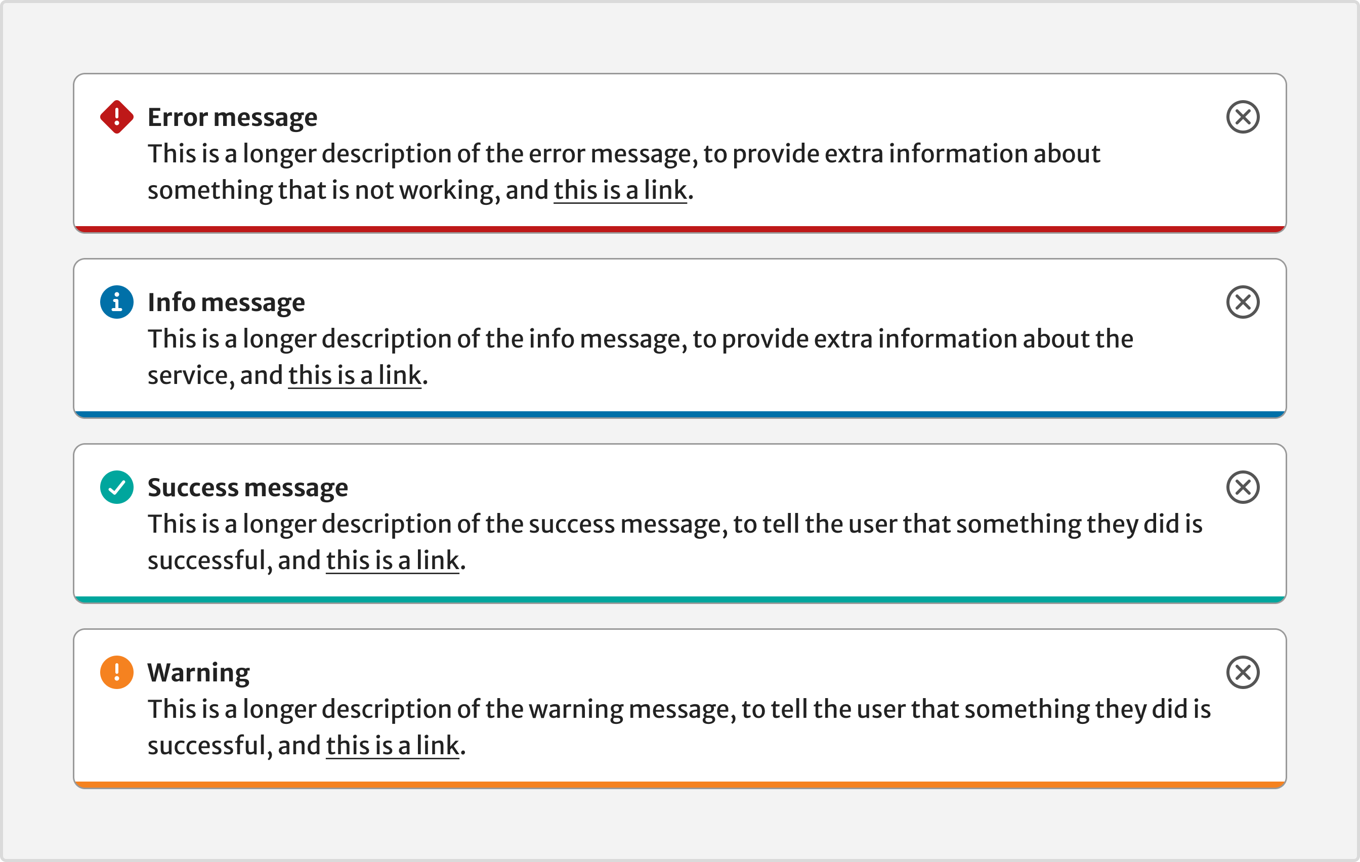 An example of dismissable Status message component with label