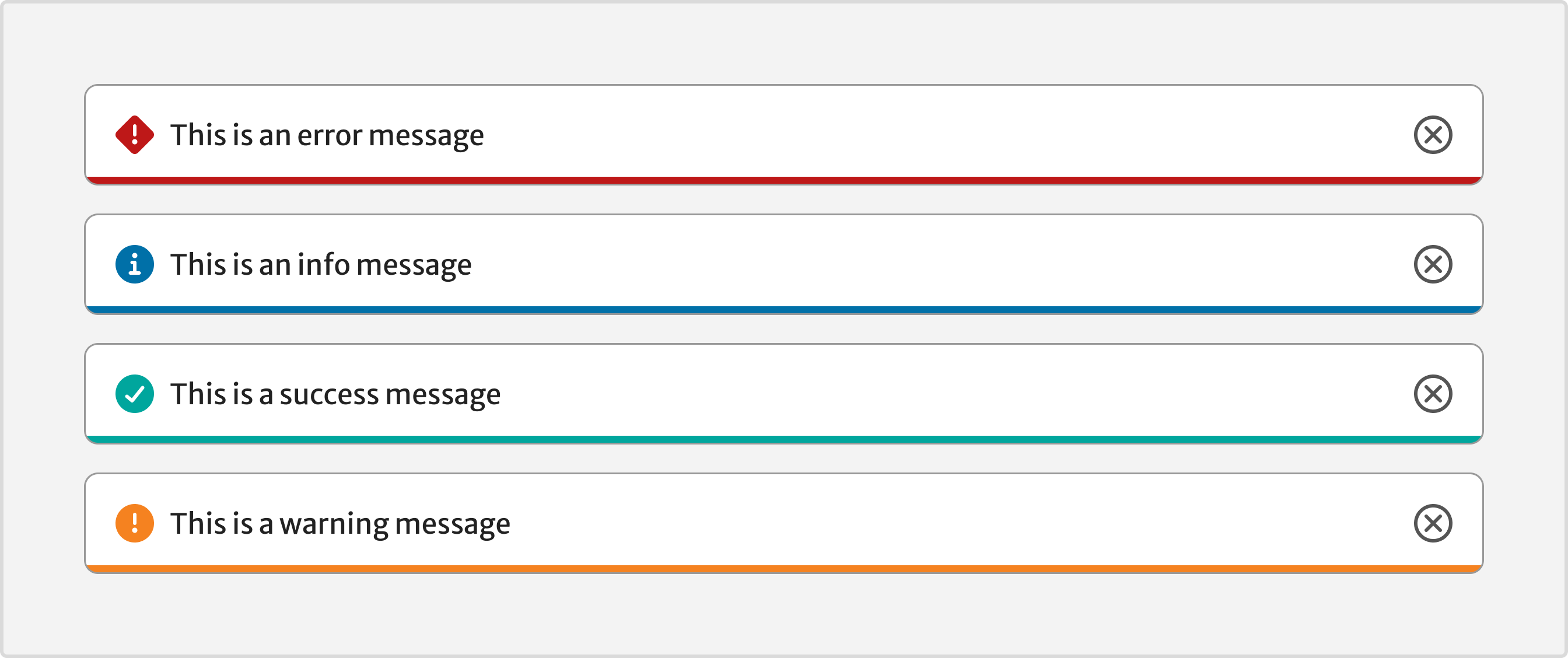 An example of dismissable Status message component without label 