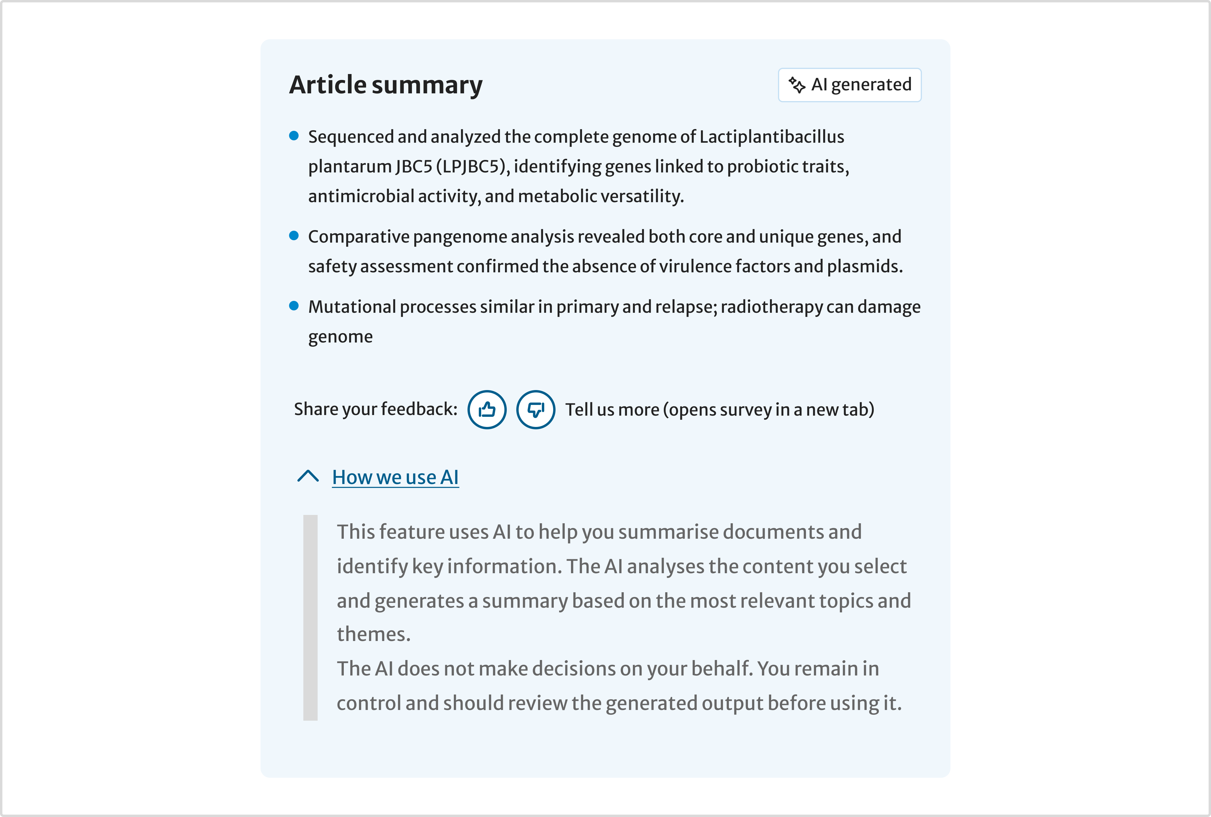 AI powered label placed in the top-right corner of the article summary with expanded details component.
