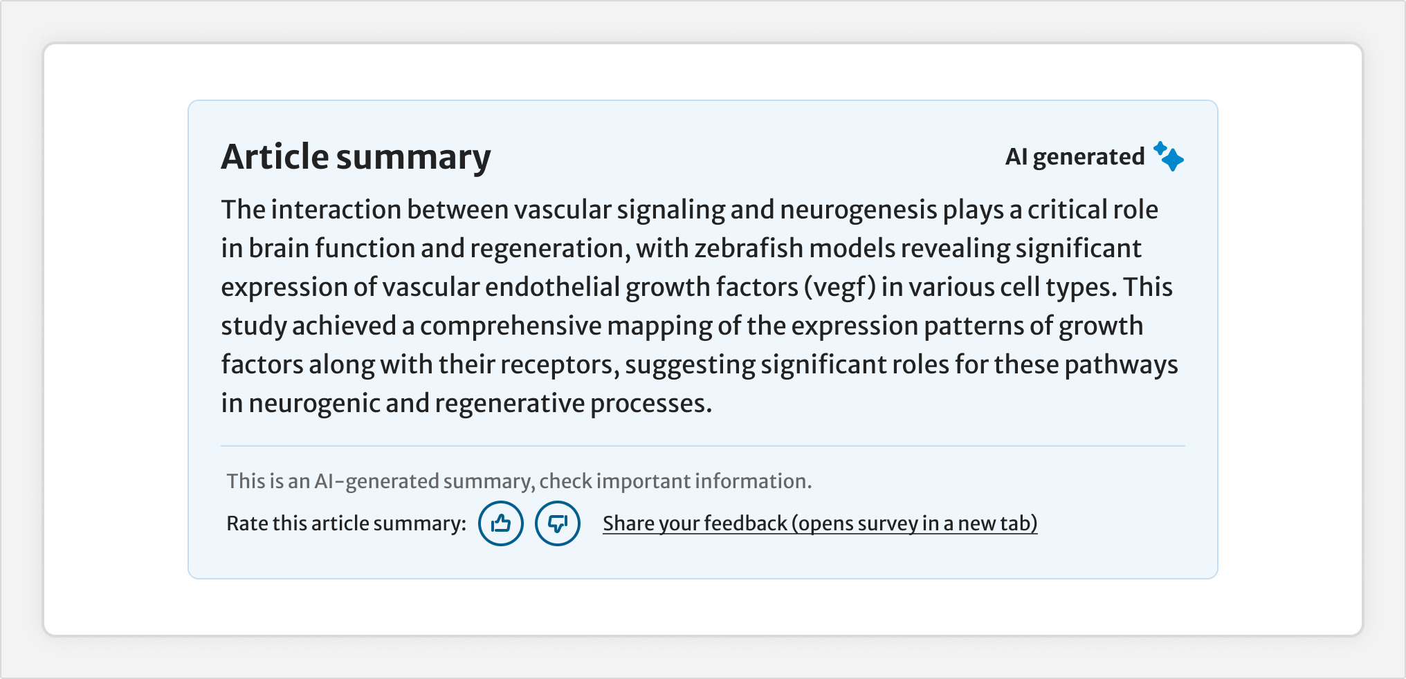 An AI generated article summary. Under the summary text reads 'This is an AI-generated summary, check important information.' 
