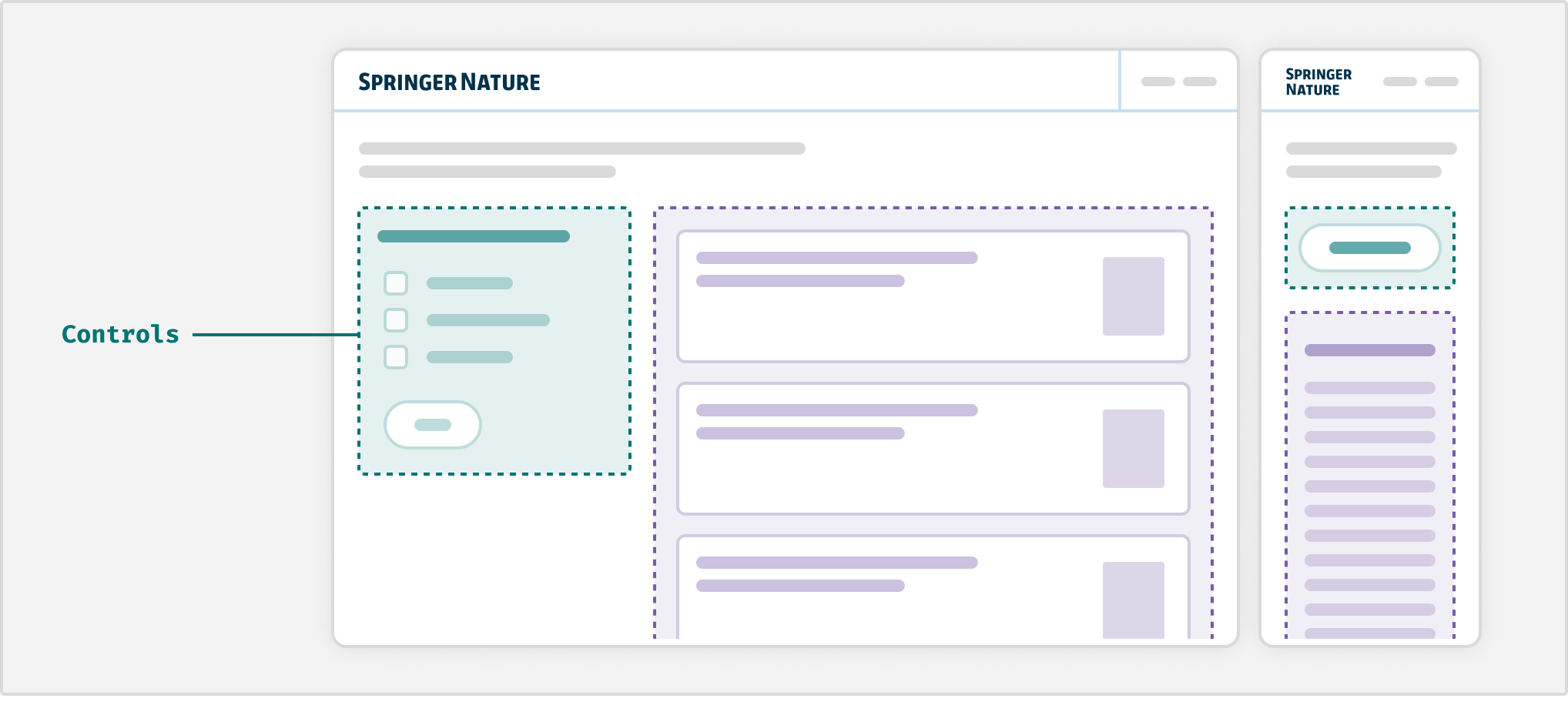 An illustrated example of a 2 column layout. The sidebar sits on the left side and shows input and filter controls with a button. The main column shows a list of cards.