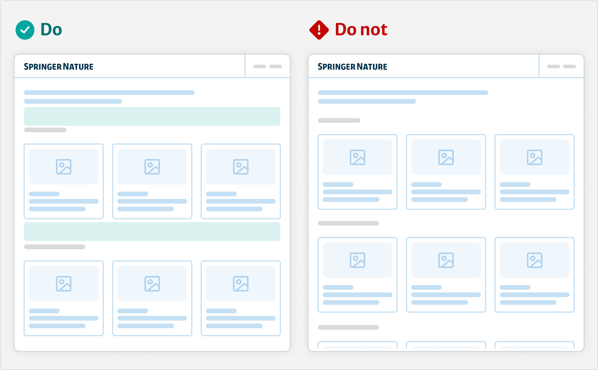 Two illustrated examples for "Do" and "Do not" for two page layouts. The "Do" example shows a page heading with 2 sections of cards and a distinct space between each section. The "Do not" example has less space between each section.