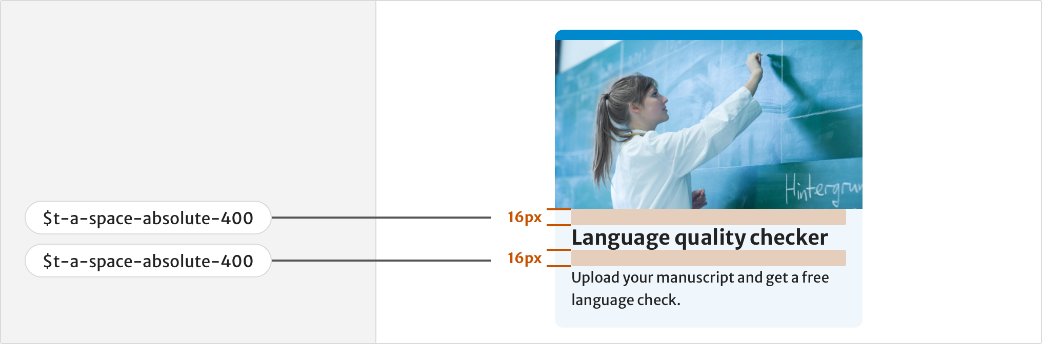 A card component containing a title, paragraph and two text links stacked vertically on a blue background. Next to this is an illustration of a female scientist. Orange blocks in between the text elements show how different values of spacing are applied using tokens space absolute 400.